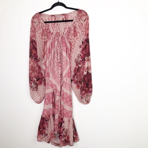 Free people seven wonders pink floral balloon sleeve ruffle hem mini dress - Picture 8 of 15